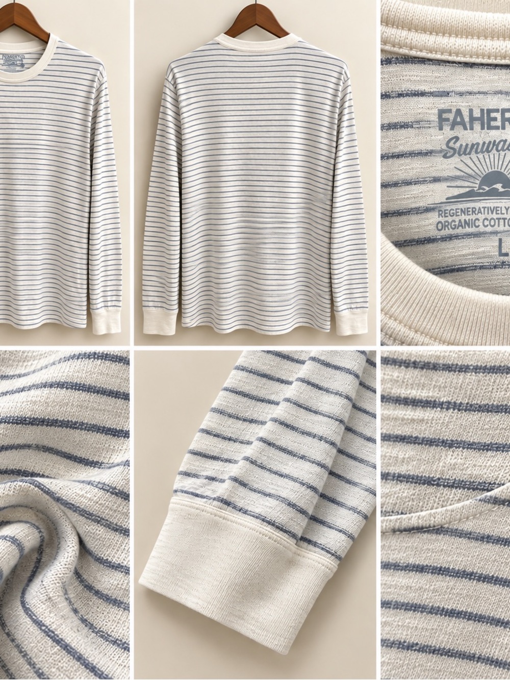 Faherty Cream & Blue Striped Organic Cotton Crewneck